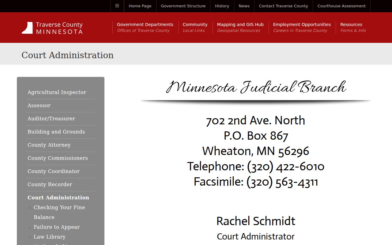 Traverse County Court Administration page with counter hours and phone number for bench warrant questions