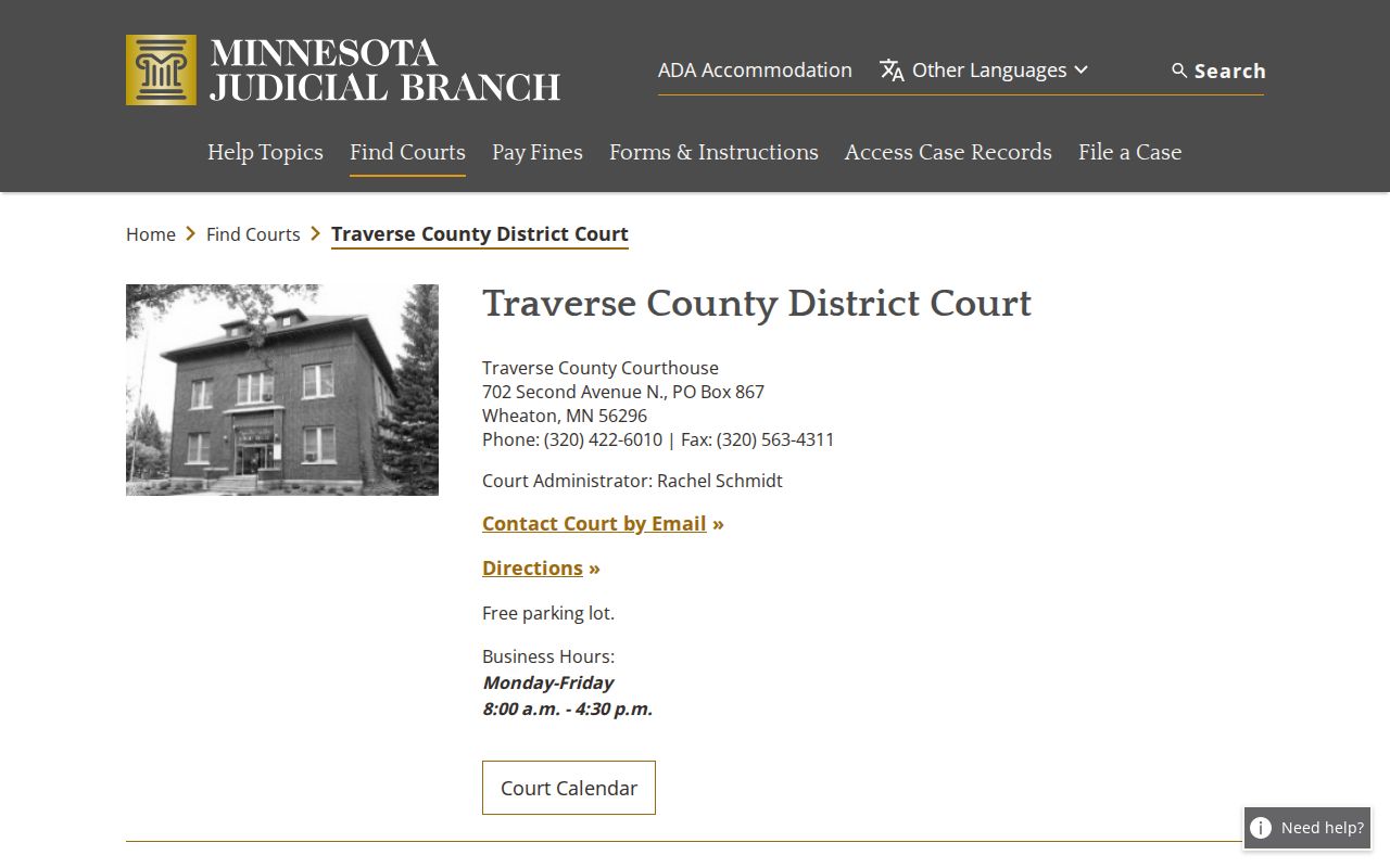 Traverse County District Court page listing the courthouse that files arrest warrant cases in the county