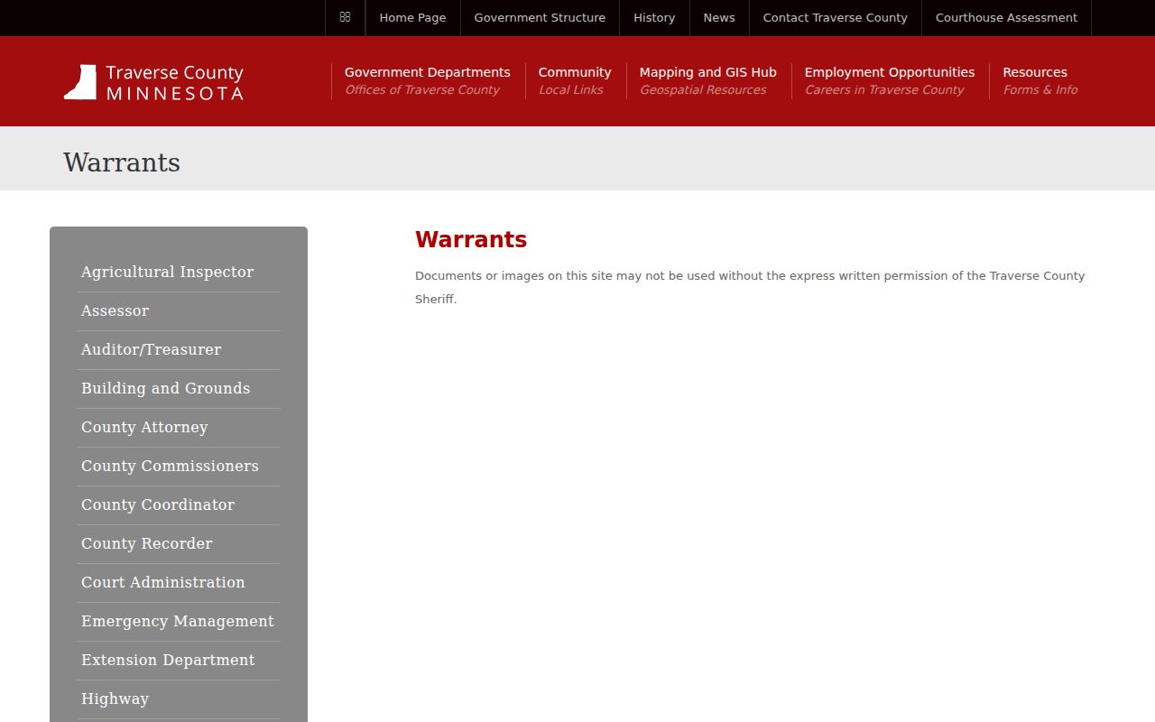 Traverse County Sheriff warrants page that links the published Traverse County warrant records list