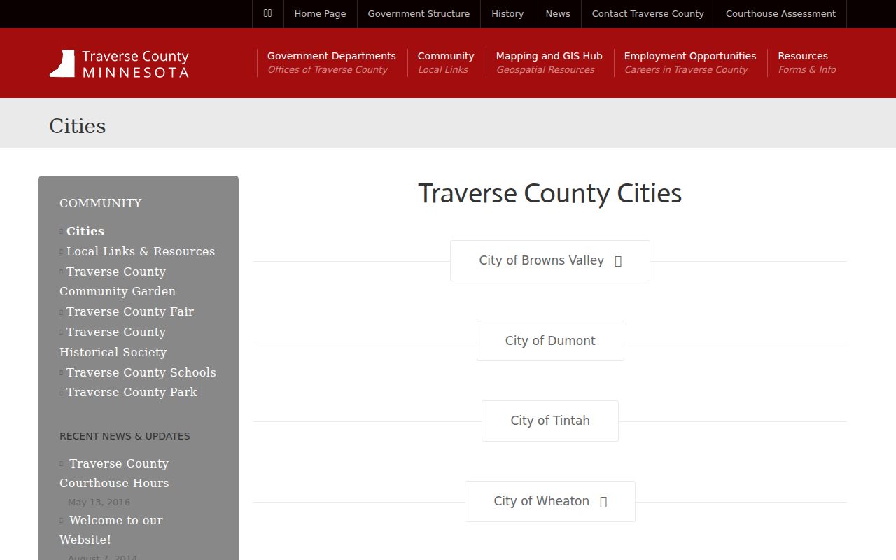 Traverse County cities and townships page listing the four cities covered by Traverse County warrant records
