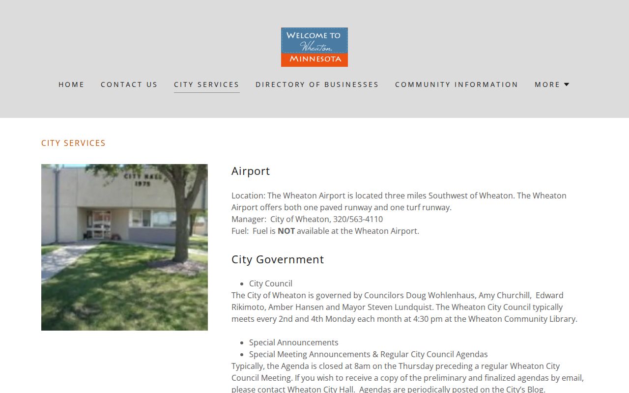 Wheaton city services page showing which local matters the city handles before a Traverse County warrant question goes to court
