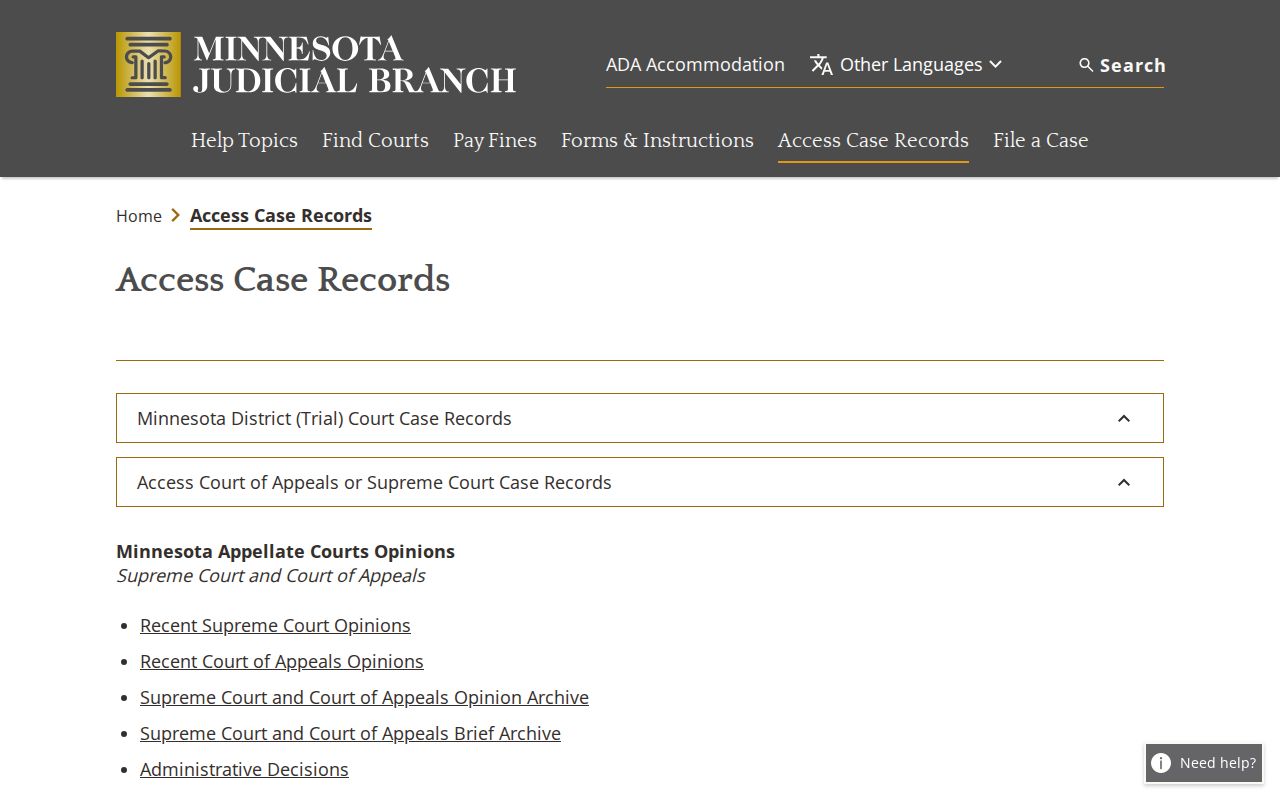 Minnesota access to case records page explaining the public search options for Traverse County warrant checks
