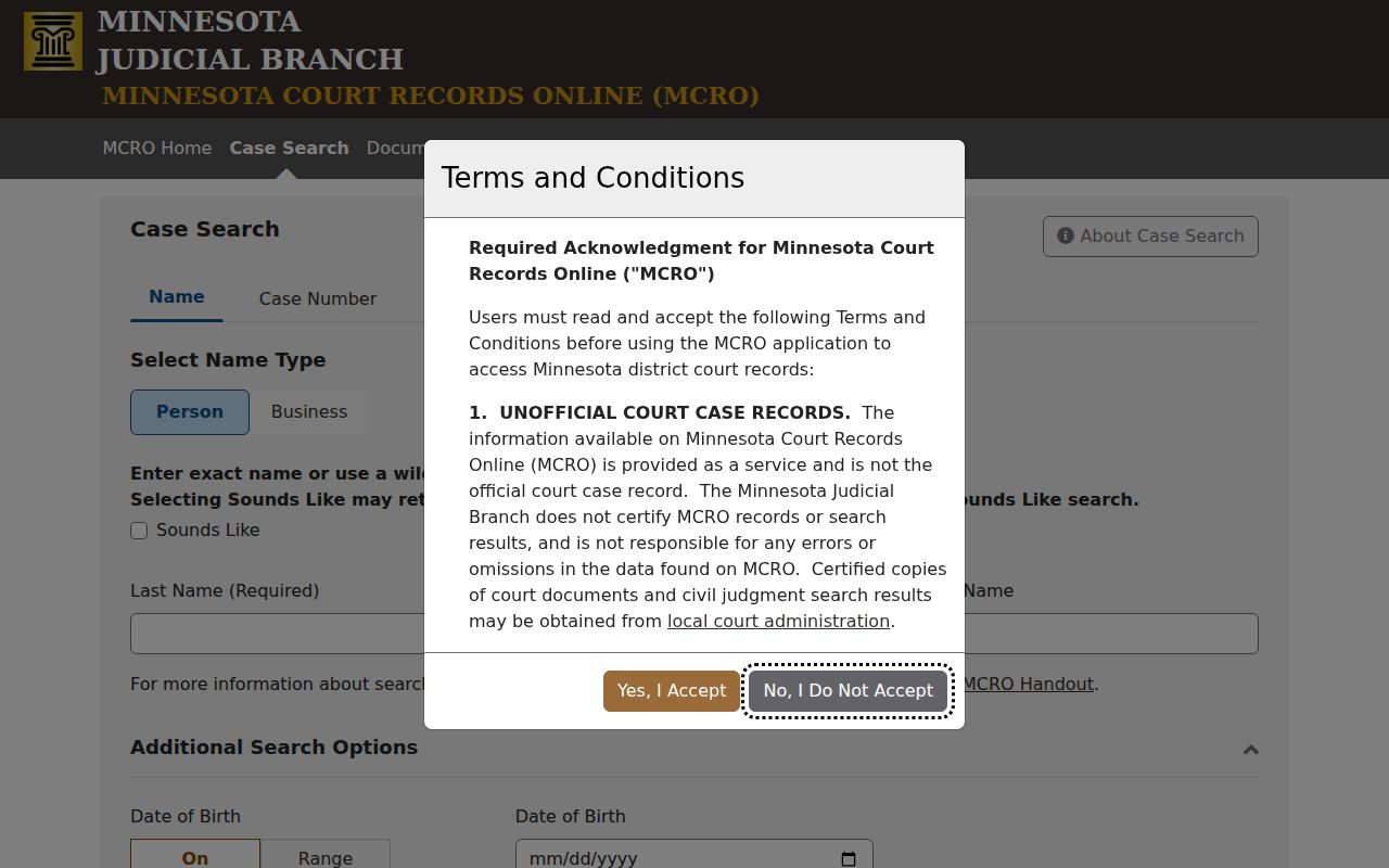Minnesota case records online search form used for Traverse County warrant records lookups