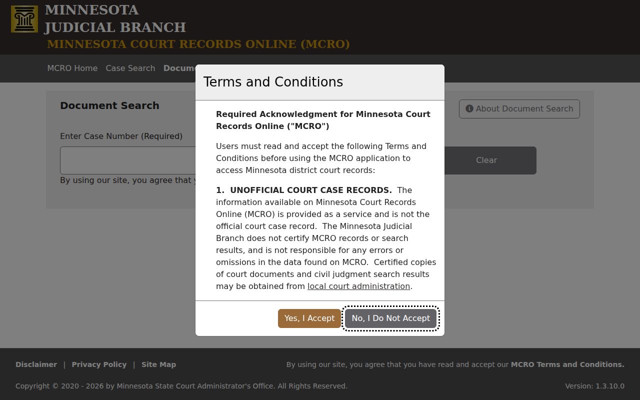 Minnesota document search form that accepts a Traverse County case number for warrant record confirmation