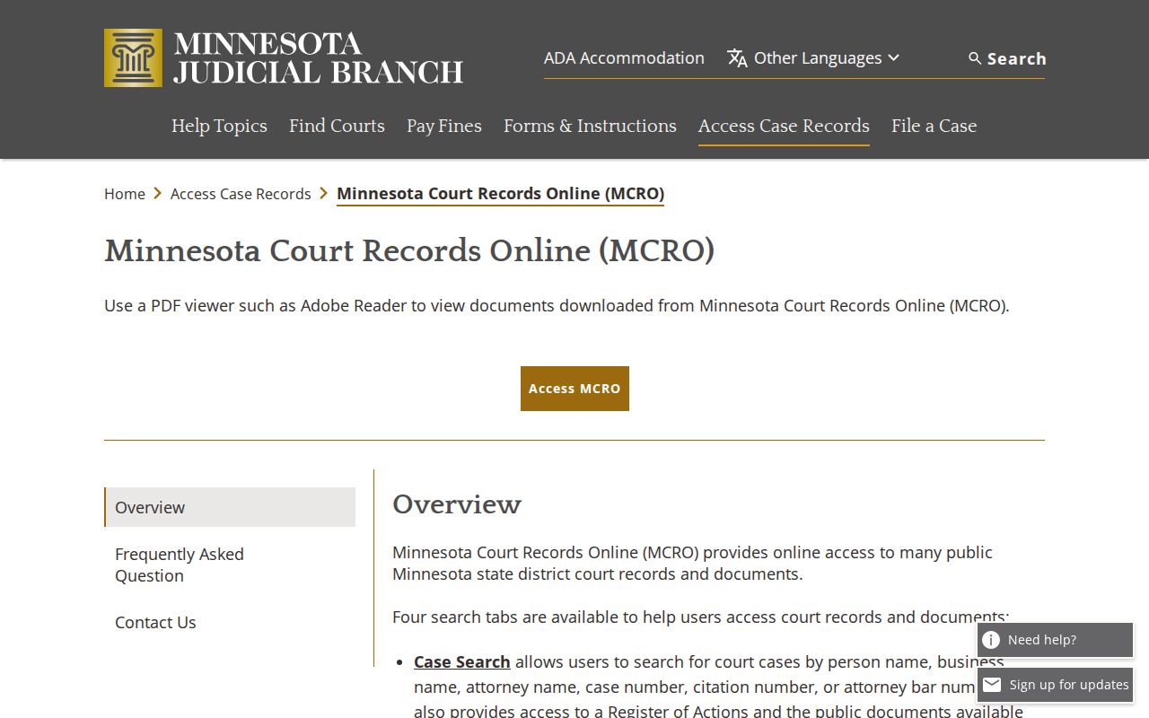 Minnesota case records online overview page describing the searches used for Traverse County warrant checks
