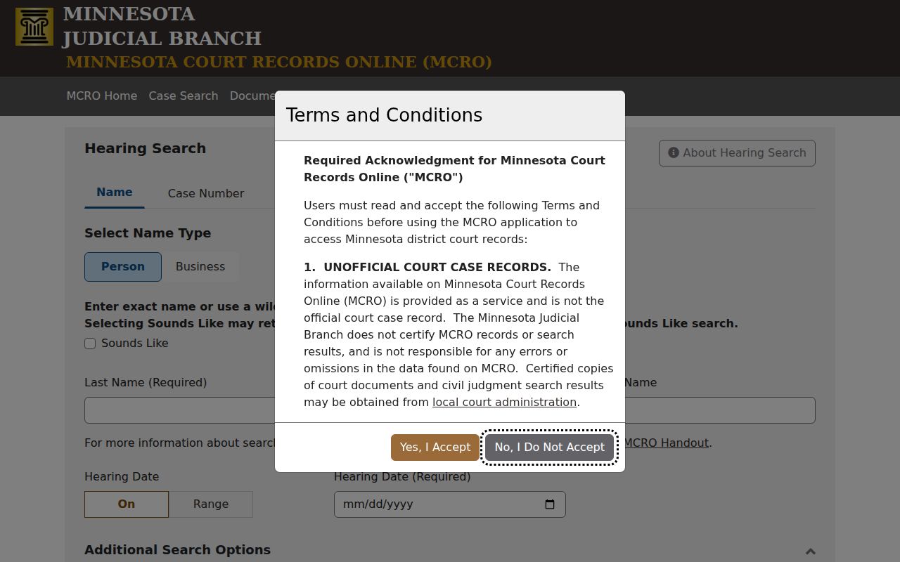 Minnesota hearing search form used to reconstruct a missed Traverse County court date behind a bench warrant