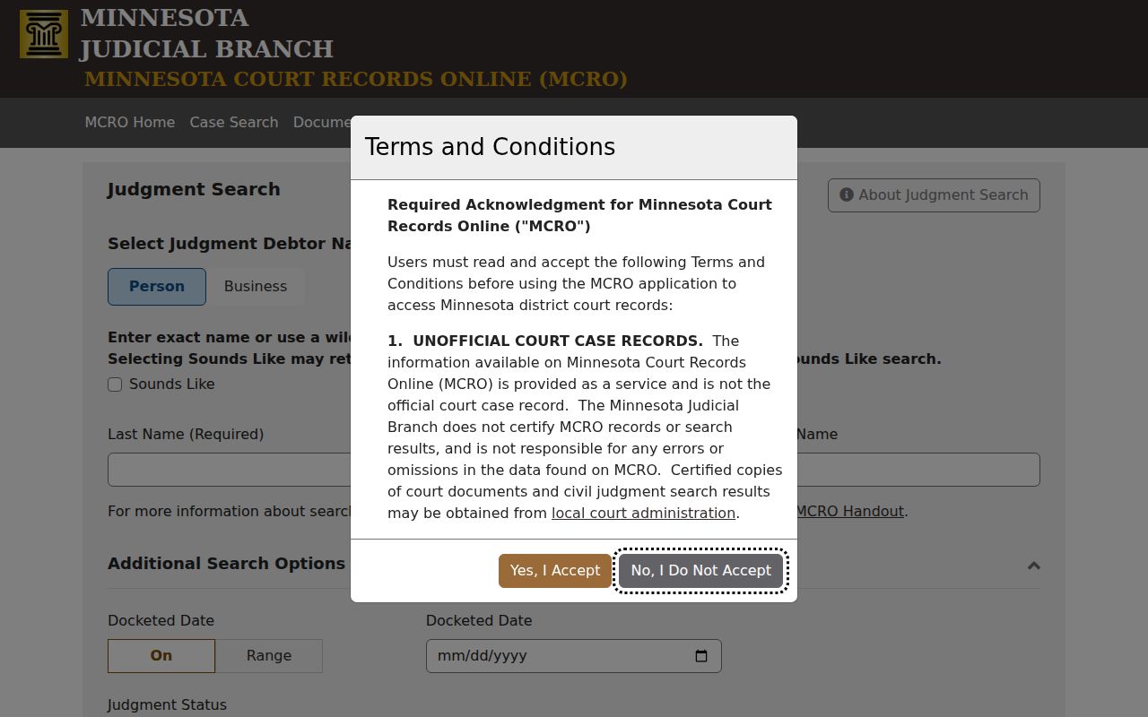 Minnesota judgment search form used to separate a civil judgment from a Traverse County bench warrant