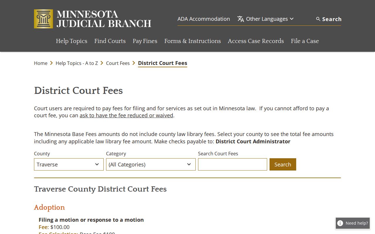 Traverse County district court fees page listing copy and report costs connected to traffic warrant records