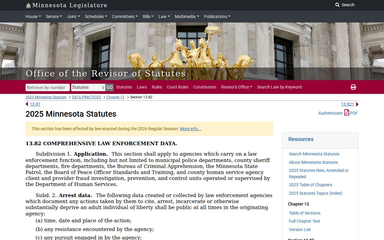 Minnesota statute 13.82 page describing law enforcement warrant data access limits for Traverse County