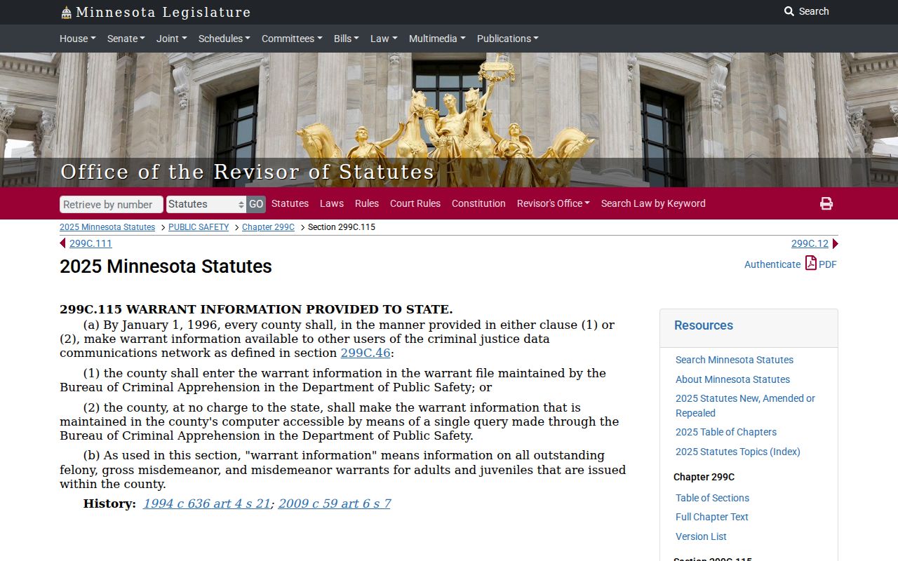 Minnesota statute 299C.115 page describing the warrant data network available to agencies in Traverse County