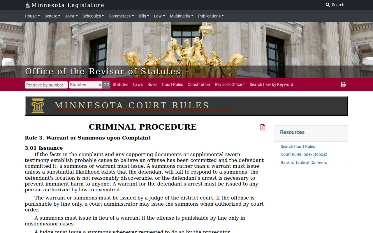 Minnesota criminal procedure rule 3 page describing probable cause issuance of a Traverse County arrest warrant