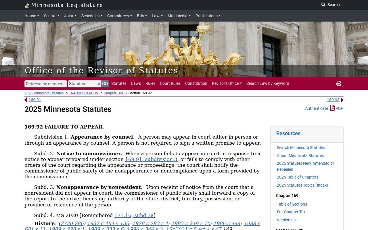 Minnesota statute 169.92 page describing the court notice that follows a Traverse County traffic warrant