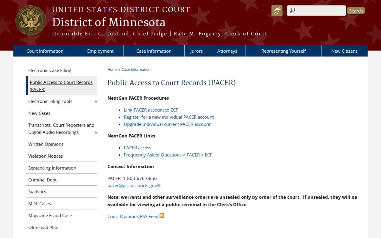 District of Minnesota PACER page for federal warrant records that sit outside Traverse County court files