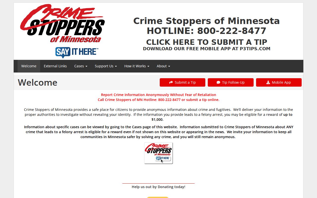 Minnesota Crime Stoppers program page showing the statewide tip channel used for Traverse County fugitive information