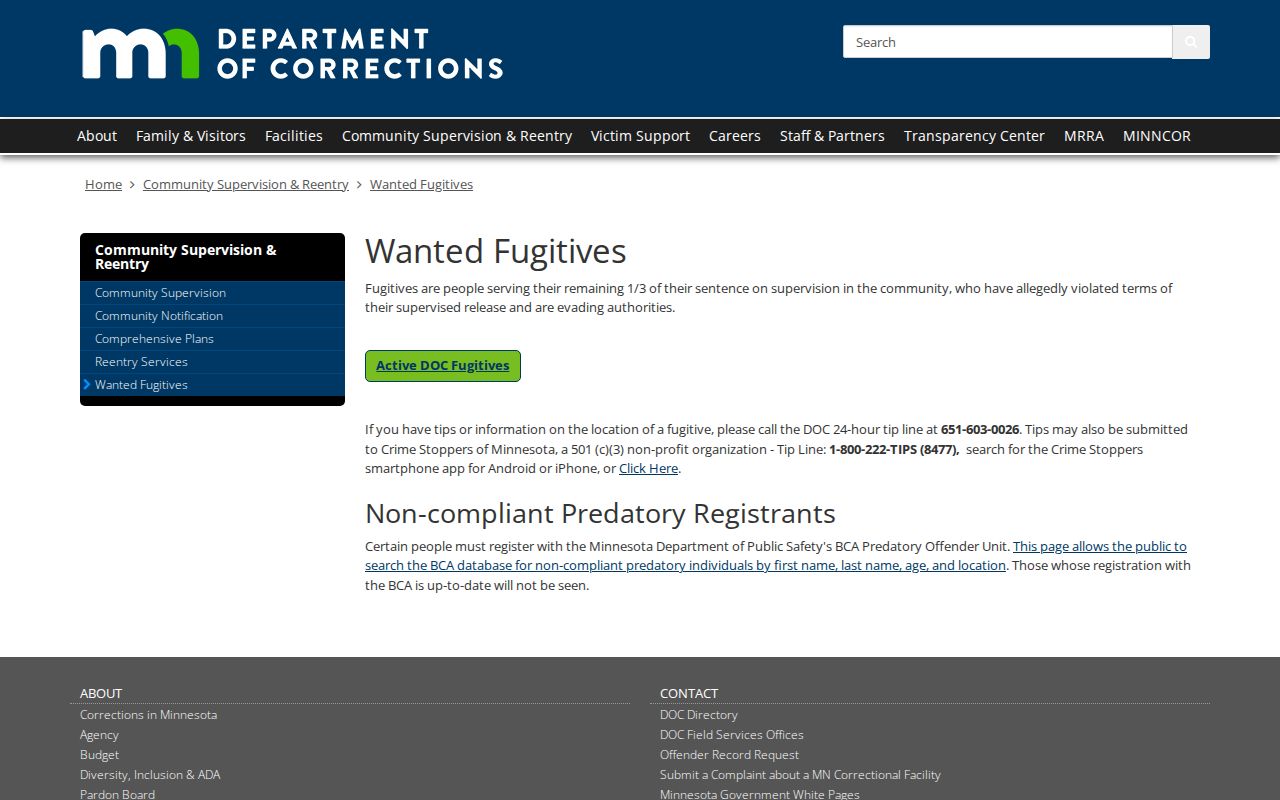 Minnesota Department of Corrections wanted fugitives page that lists state supervision cases separate from Traverse County warrants