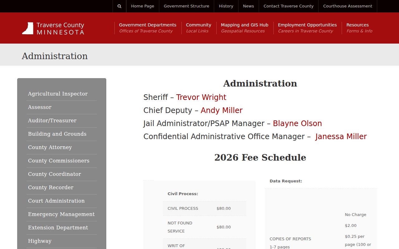 Traverse County Sheriff administration page listing records request and copy fee details