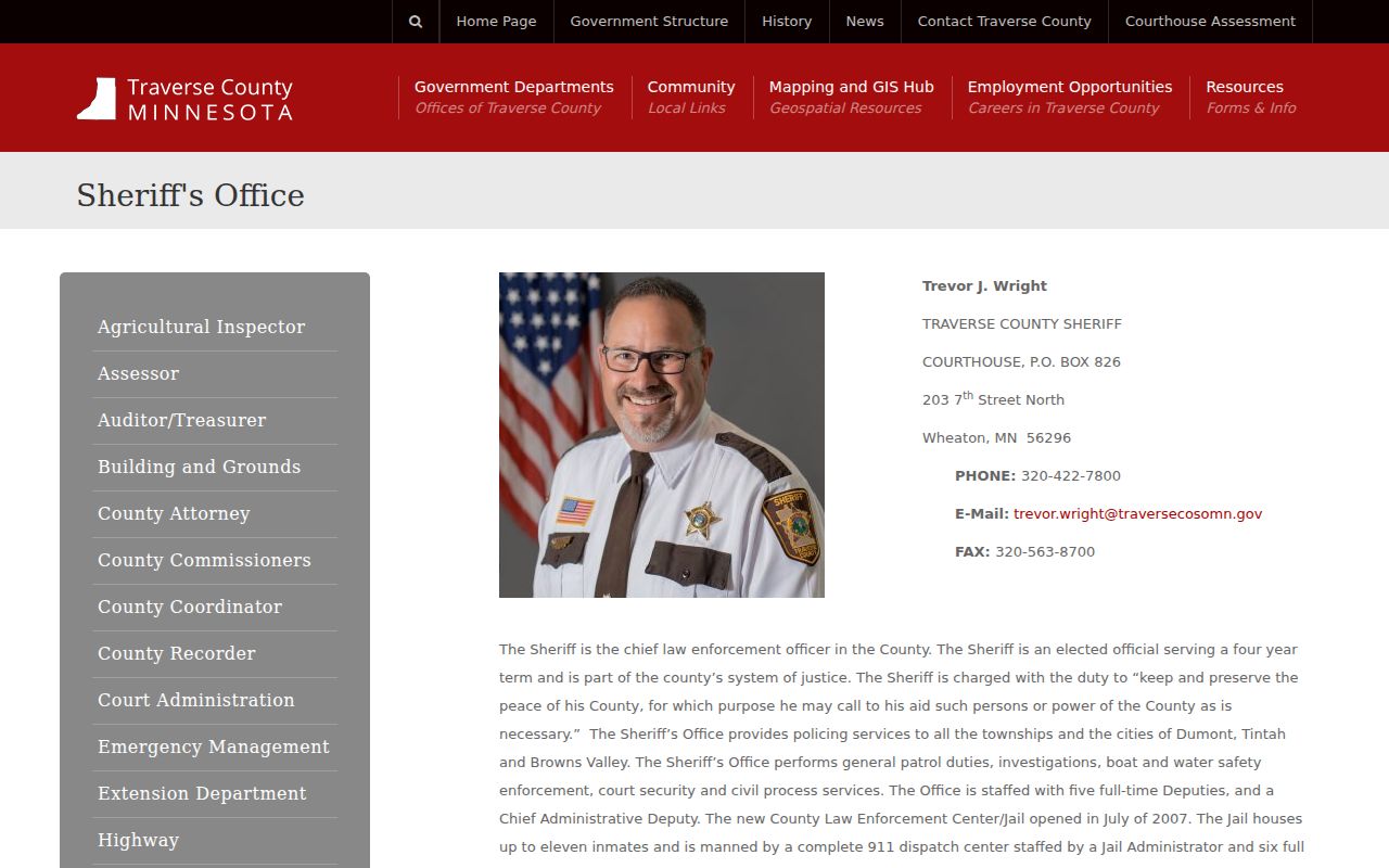 Traverse County Sheriff's Office page for warrant service and custody questions in Traverse County